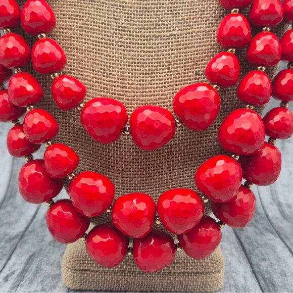 Red Graduated Faceted Bead Collar Multi Strand Necklace & Matching Drop Earrings - Picture 8 of 10